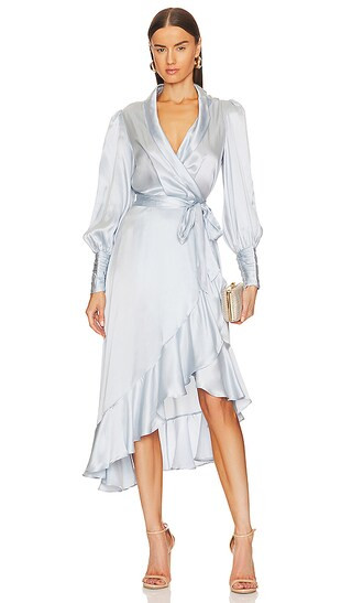 Zimmermann Silk Wrap Midi Dress in Baby Blue. - size 1/S (also in 0/P, 2/M, 3/L) | Revolve Clothing (Global)