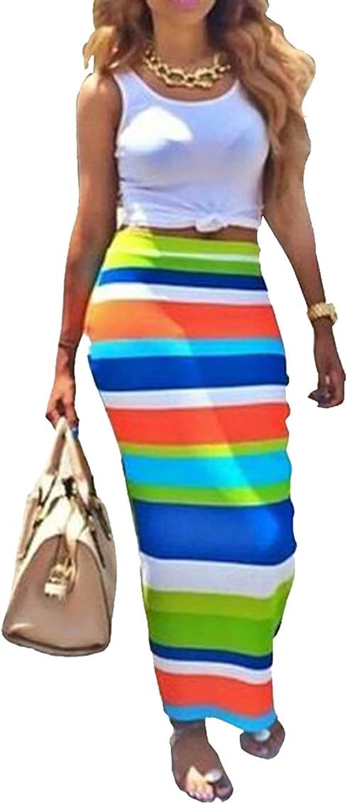 Leezeshaw Womens Crop Top Midi Skirt Outfit Two Piece Bodycon Maxi Dress | Amazon (US)
