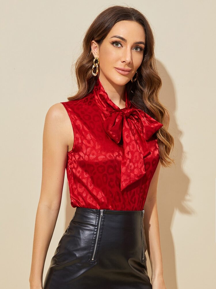 SHEIN Unity Tie Front Leopard Jacquard Satin Top | SHEIN