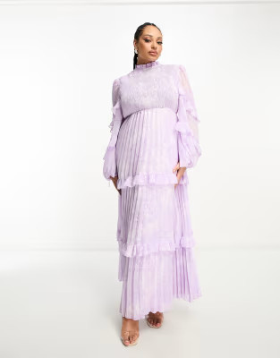 ASOS DESIGN Curve high neck shirred pleated maxi dress with frill edge in paisley | ASOS | ASOS (Global)