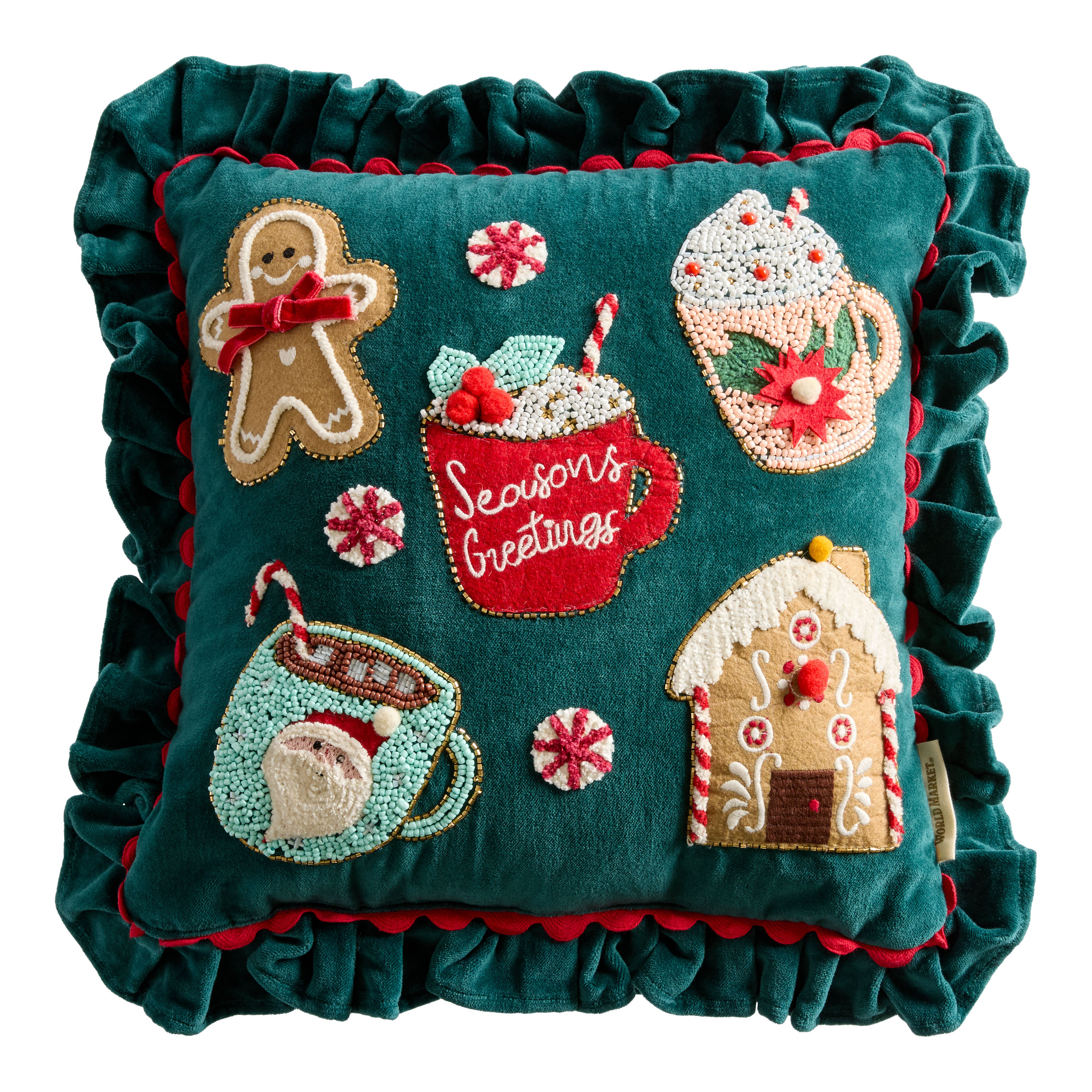 Dark Green Velvet Hot Cocoa Ruffled Beaded Throw Pillow | World Market