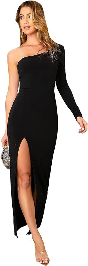 Amazon.com: MakeMeChic Women's One Shoulder Long Sleeve Split Thigh Cocktail Party Maxi Dress : C... | Amazon (US)