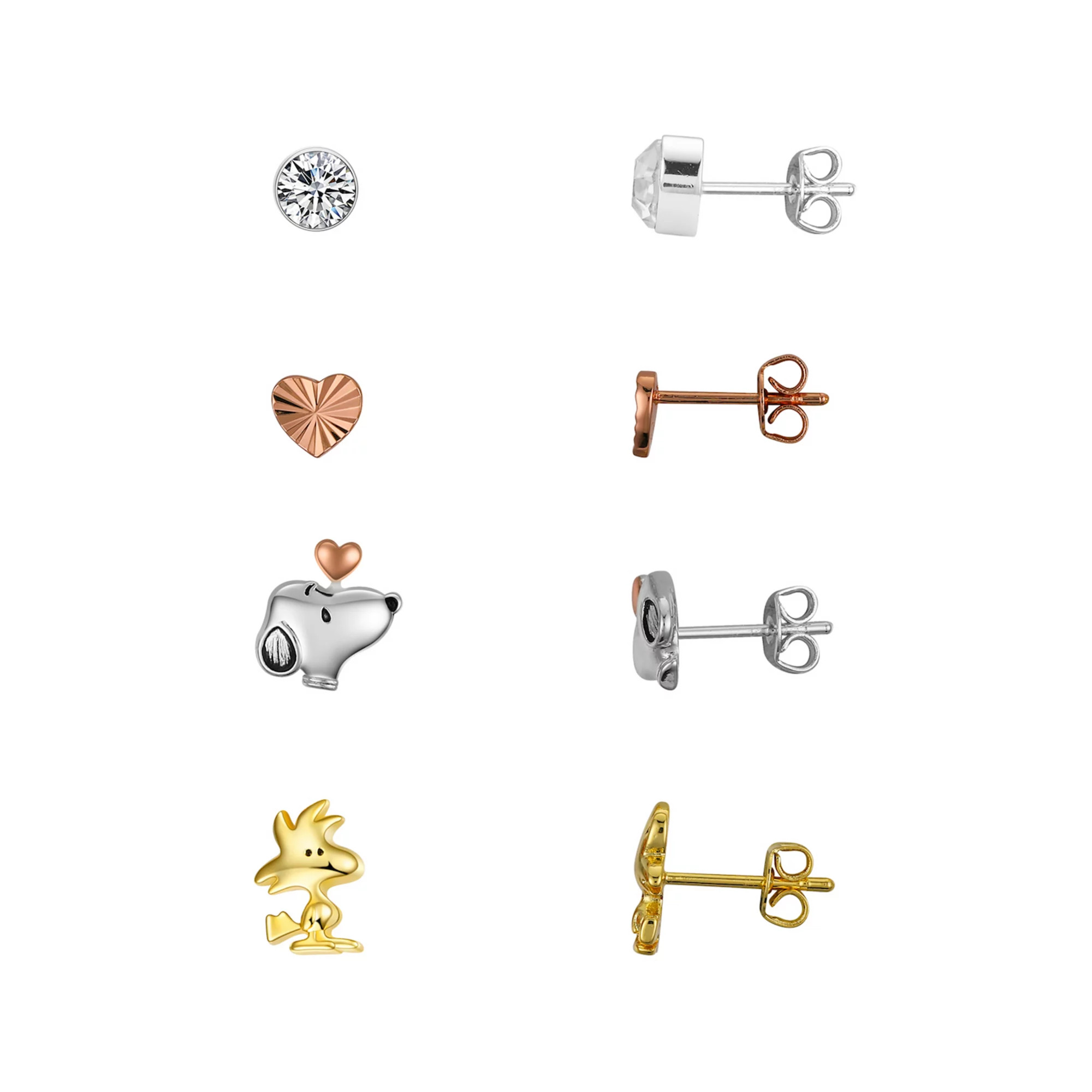 Peanuts Tri-Tone Cubic Zirconia Snoopy, Woodstock, & Heart Stud Earrings Quartet | Kohl's
