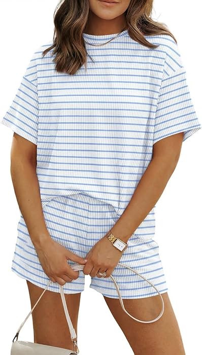 MARZXIN Women 2 Piece Short Set with Vertical Stripes Summer Cruise Outfits | Amazon (US)