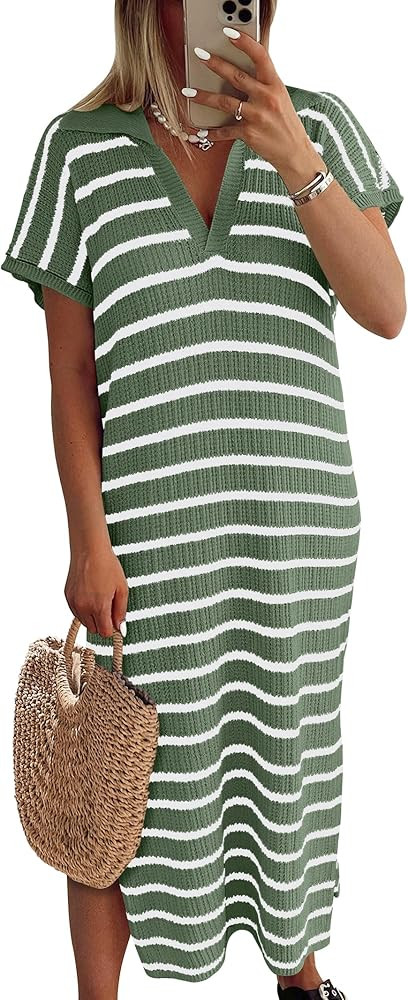 ANRABESS Women's Summer Striped Midi Dress 2025 Casual Short Sleeve V Neck Loose Knitted Side Sli... | Amazon (US)