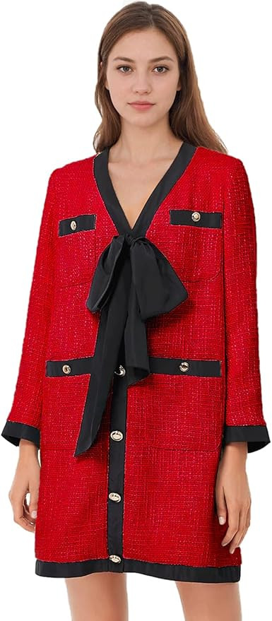 Haellun Women's Tweed Bow Dresses V Neck Long Sleeve Elegant Party Dress Button Down Bodycon Mini... | Amazon (US)