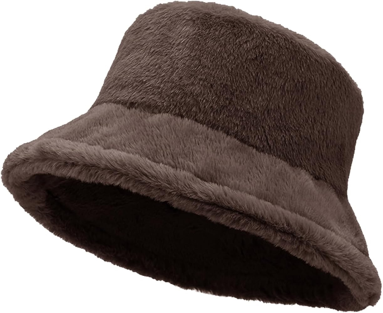 Women Plush Fluffy Bucket Hat Warm Lining Winter Faux Fur Cozy Wide Brim Winter | Amazon (US)