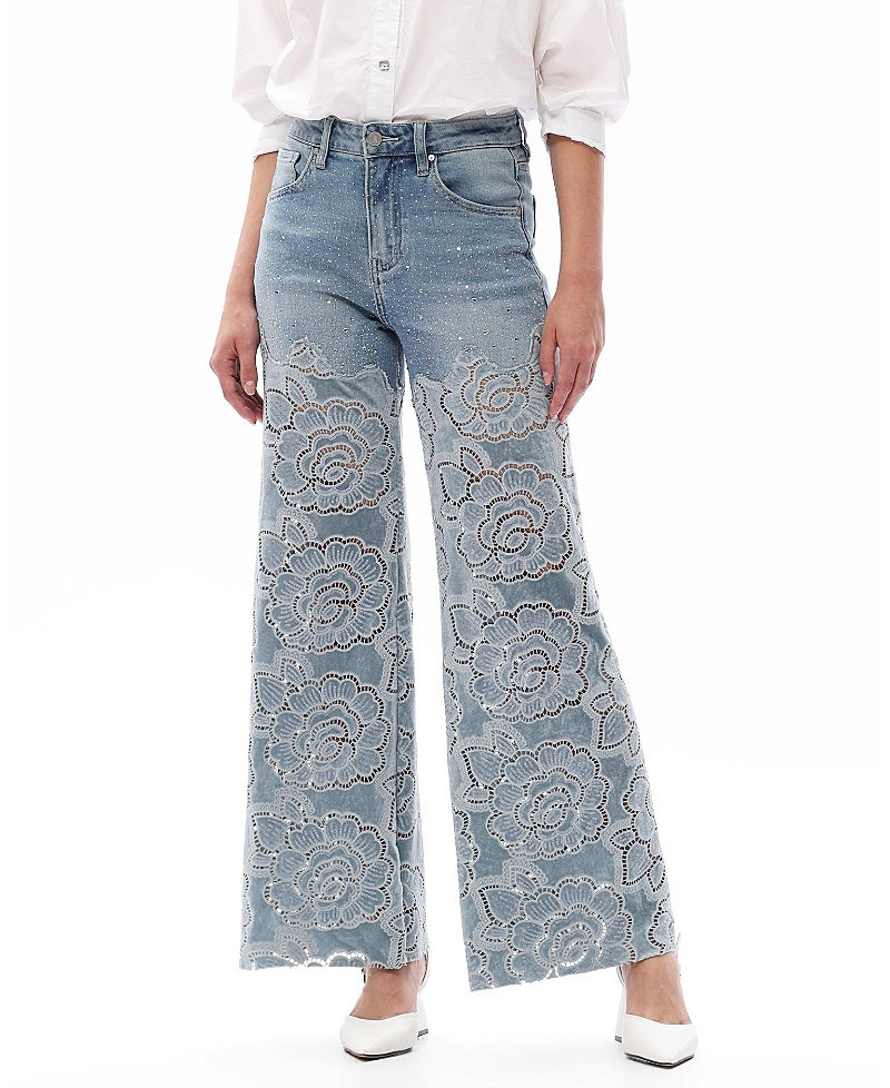 Bayeas Floral Embroidered Wide Leg Lace Jeans with Rhinestone in Retro Light Blue | Bloomingdale's (US)
