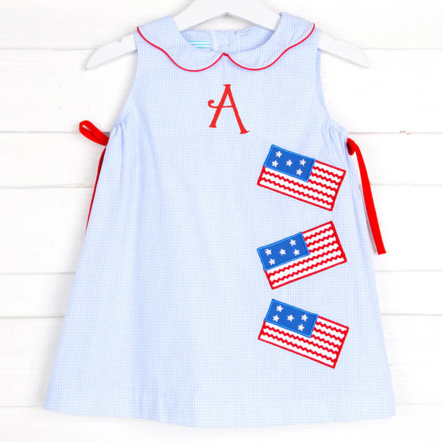 Scallop Collared Flag Applique Dress Light Blue Gingham | Classic Whimsy