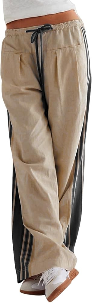 Side Striped Pants Women Drawstring Wide Leg Pants High Waisted Loose Slouchy Palazzo Sweatpants | Amazon (US)