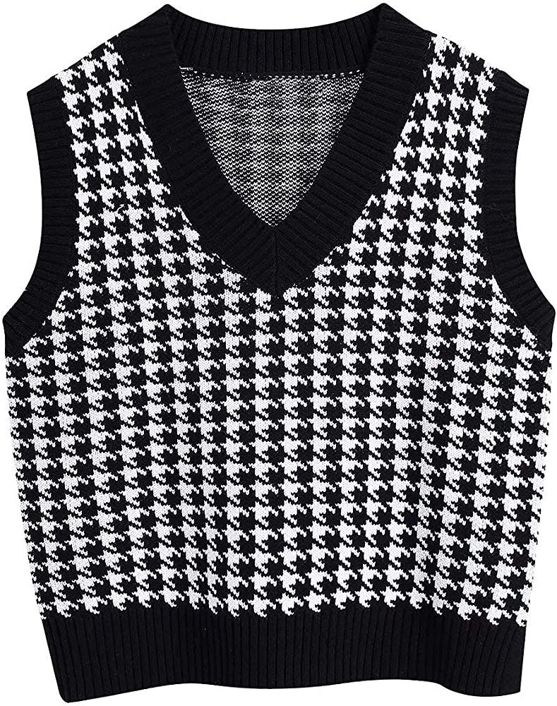 Sdencin Women Houndstooth Pattern Knit Sweater Vest Sleeveless Loose V-Neck 90s Waistcoat Pullover K | Amazon (US)