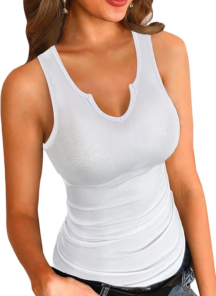 SANDERY Tank Tops for Women Sleeveless V Neck Fitted Top Slim Racerback Basic Cami Shirt Summer Tank | Amazon (US)