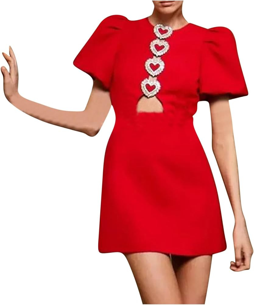 Women's Red Puff Sleeve Mini Dress with Heart Cutout Elegant Short Party Night Out Formal Chic Va... | Amazon (US)