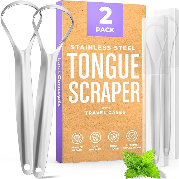 BASIC CONCEPTS Tongue Scraper (2 Pack), Reduce Bad Breath (Travel Cases Included), Stainless Stee... | Amazon (US)