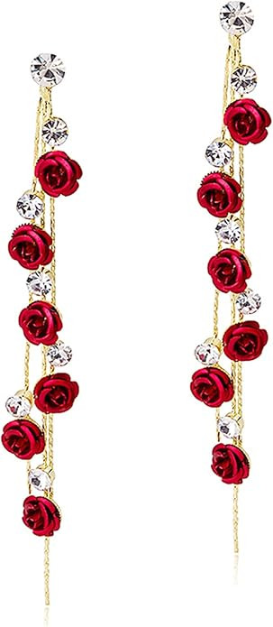 ANDPAI Unique Chic Long Tassel Chain Red Purple Rose Flower Dangle Drop Stud Earrings with White ... | Amazon (US)