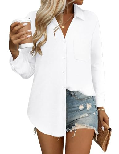 HOTOUCH White Button Down Shirt Women Linen Long Sleeve Cotton Blouse Casual Loose Fit Collared Work Gauze Tops S | Amazon (US)