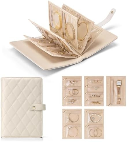 VLANDO Jewelry Case,Loose-Leaf with Clear Velvet Pouches,Cream White | Keeps Chains Apart,Separat... | Amazon (US)