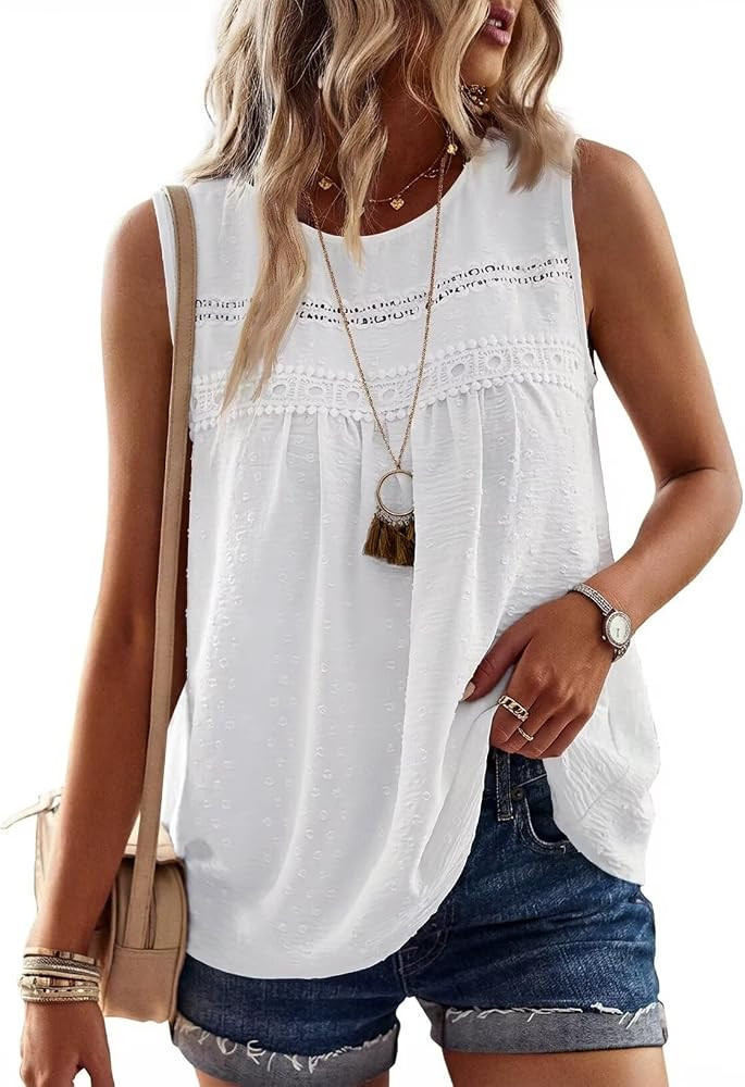 Falechay Womens Summer Tops Boho Shirts Crewneck Sleeveless Tank Tops Flowy Lace Hem Casual Blous... | Amazon (US)