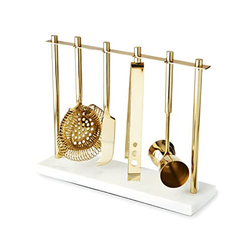 Twine Bar Tool Set Includes Hawthorne Strainer, Citrus Knife, Ice Tongs, Double Jigger with Marble Display Stand for Classic Cocktails and Cold Brew Drinks, Home Bar Cart Accessories, 4-Piece, Gold | Amazon (US)