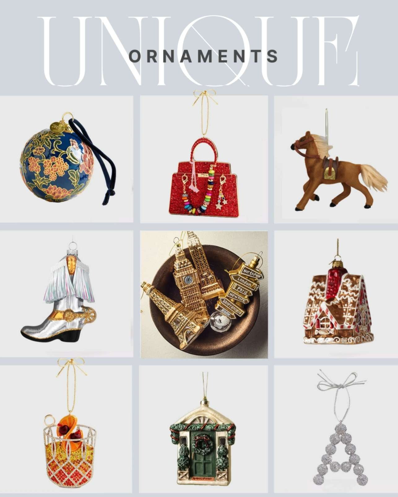 Add a special touch to holiday decorating with ornaments that stand out in the sweetest way. Grab these today.
glass cowboy boot ornament, sleigh-groni cocktail ornament, bag holiday ornament, silver merry monogram ornament, fabric horse ornament, festive front door ornament, blue floral Christmas tree ornament, gingerbread house ornament, glass travel ornaments 

 #LTKHoliday #LTKSeasonal #LTKHome