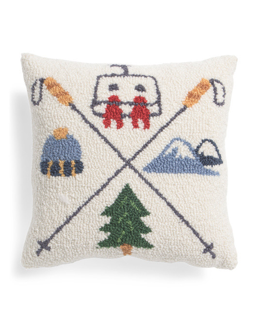 14x14 Four Skiing Icons Hooked Pillow | TJ Maxx