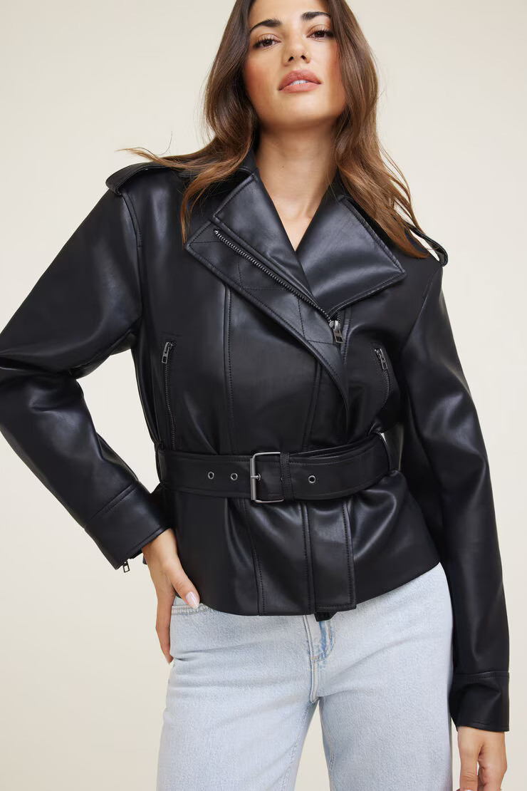 Belted Faux Leather Moto Jacket | Dynamite Clothing
