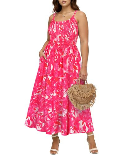 RITERA Plus Size Summer Dresses for Curvy Women 3X Spaghetti Strap Square Neck Sleeveless White Pink Floral Maxi Dress Smocked Elastic Boho Dress Vacation Sundress with Pockets 3XL 22W 24W | Amazon (US)