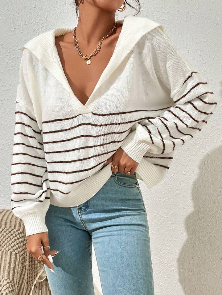 SHEIN Essnce Striped Pattern Sailor Collar Drop Shoulder Sweater | SHEIN