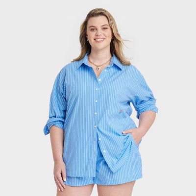 Women's Oversized Long Sleeve Collared Button-Down Shirt - Universal Thread™ Blue Striped 4X | Target