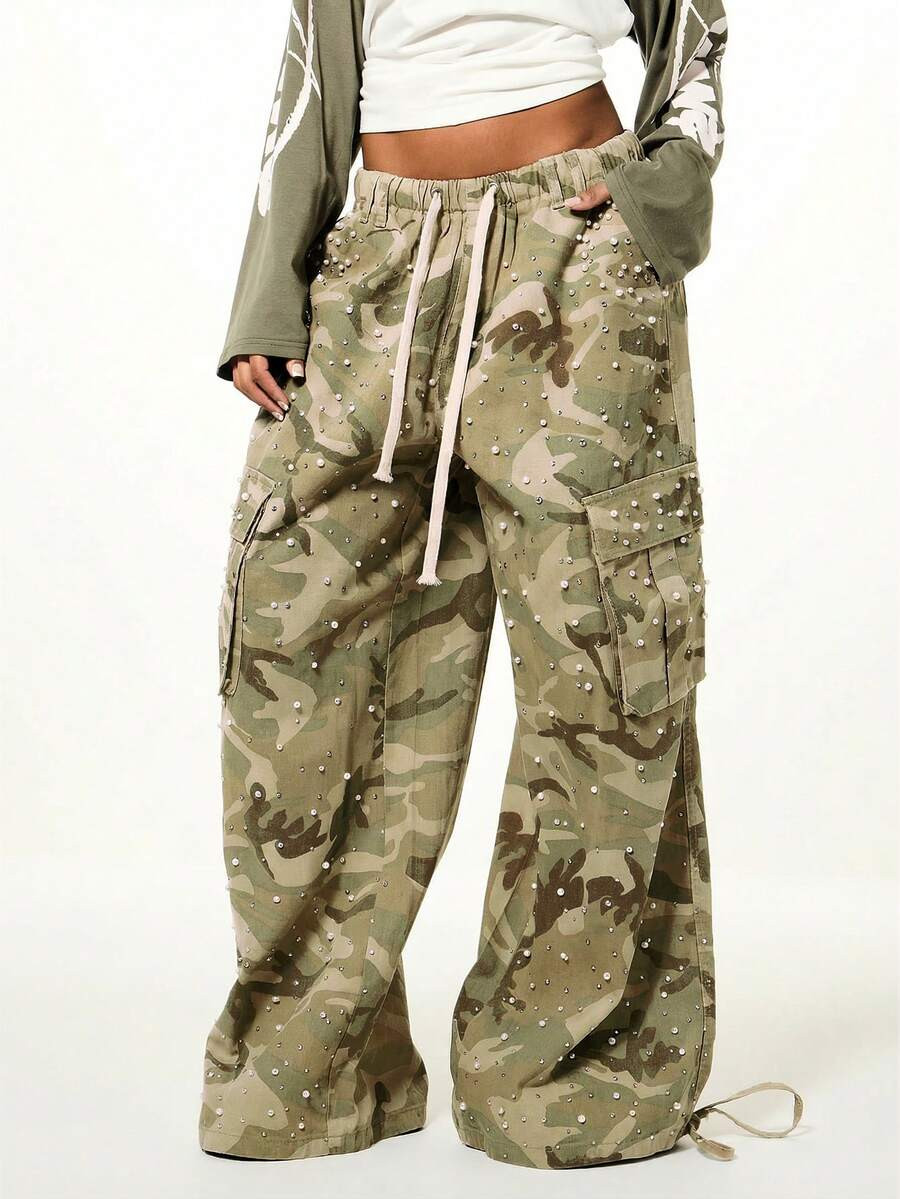 SUMWON WOMEN Low Rise Camo Cargo Pants With Pearl Rhinestone Embellishments Wide Leg Parachute Tr... | SHEIN