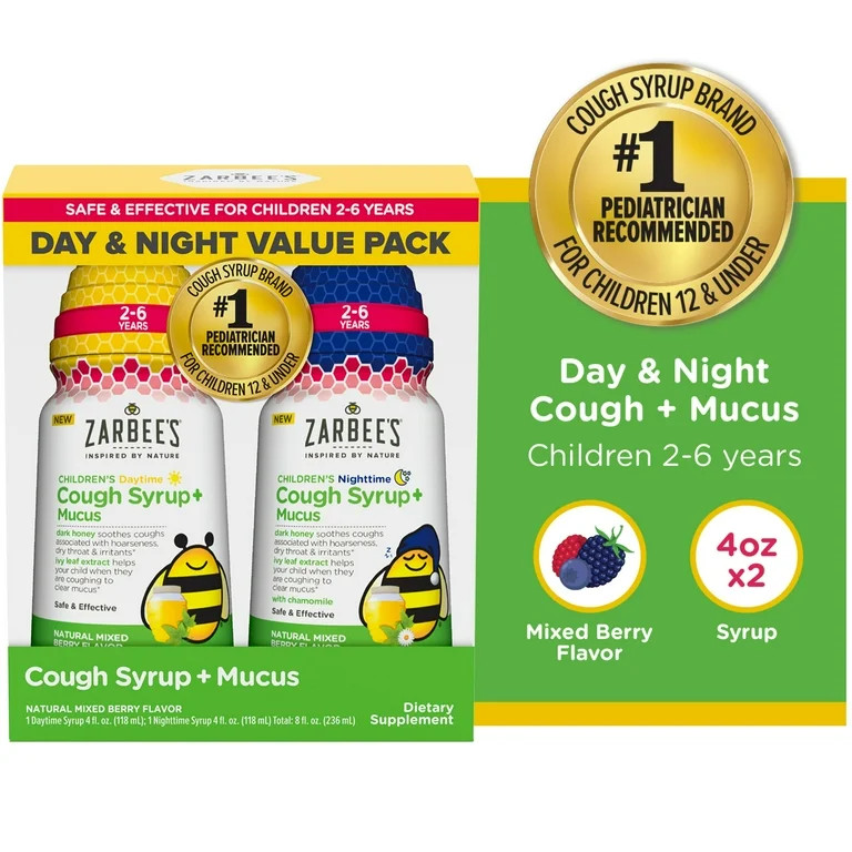 Zarbee’s Kids Cough + Mucus Day/Night with Honey, Ivy Leaf, Zinc & Elderberry, Mixed Berry, 2x4... | Walmart (US)