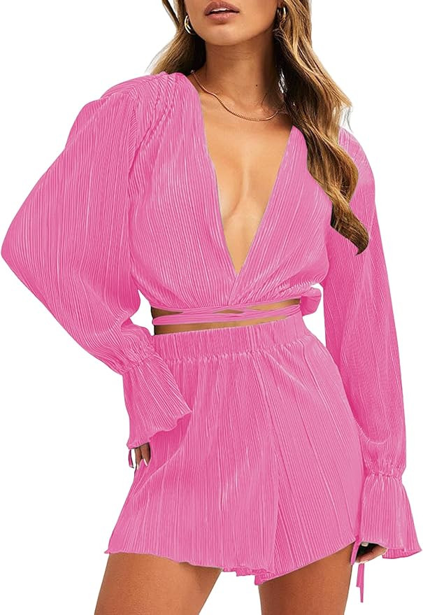 ZAFUL Women 2 Piece Pants Set Long Sleeve Plisse Wrap Crop Top Criss Cross Tie Shirt High Waist P... | Amazon (US)