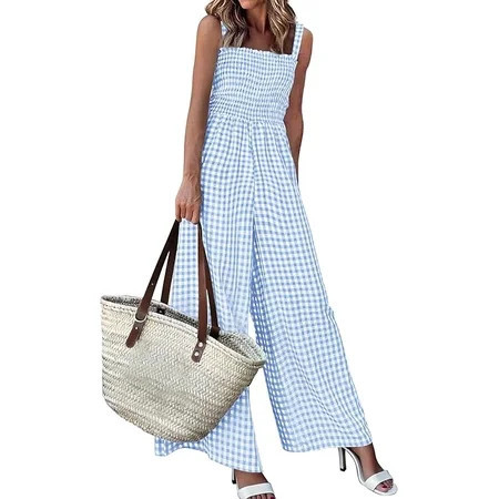 PRETTYGARDEN One Piece Jumpsuits for Women Summer Sleeveless Smocked Gingham Wide Leg Date Night Rompers Spring Outfits | Walmart (US)