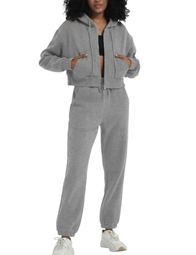 Flygo Womens Sweat Set Fleece Sweatsuit 2 Piece Outfit Zip up Sweatshirt Joggers Tracksuit Sets(GreyHeather-M) | Amazon (US)