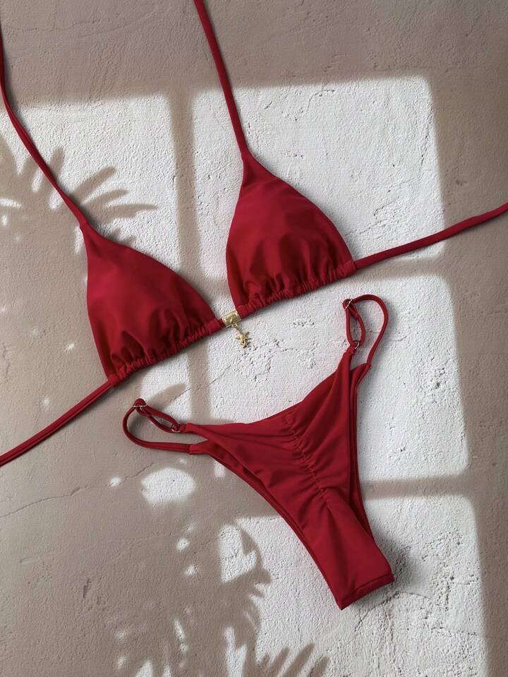 Swim Chiccia Women's Plain Color Metal Pendant Decoration Sexy Halter Bikini Set Summer | SHEIN