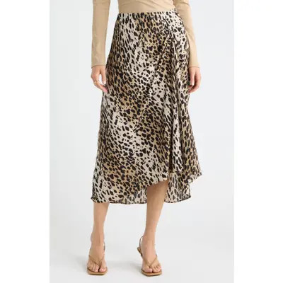 Open Edit Ruched Side Midi Skirt in Tan Brown C Leopard Spot at Nordstrom, Size Xx-Small | Nordstrom