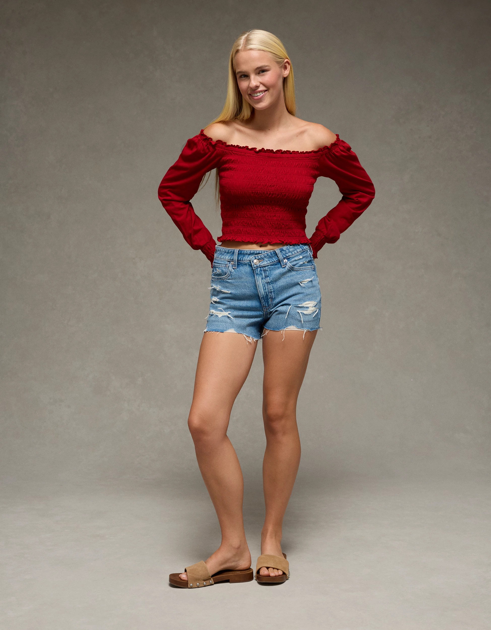 AE Sunchaser Off-the-Shoulder Smocked Tee | American Eagle Outfitters (US & CA)