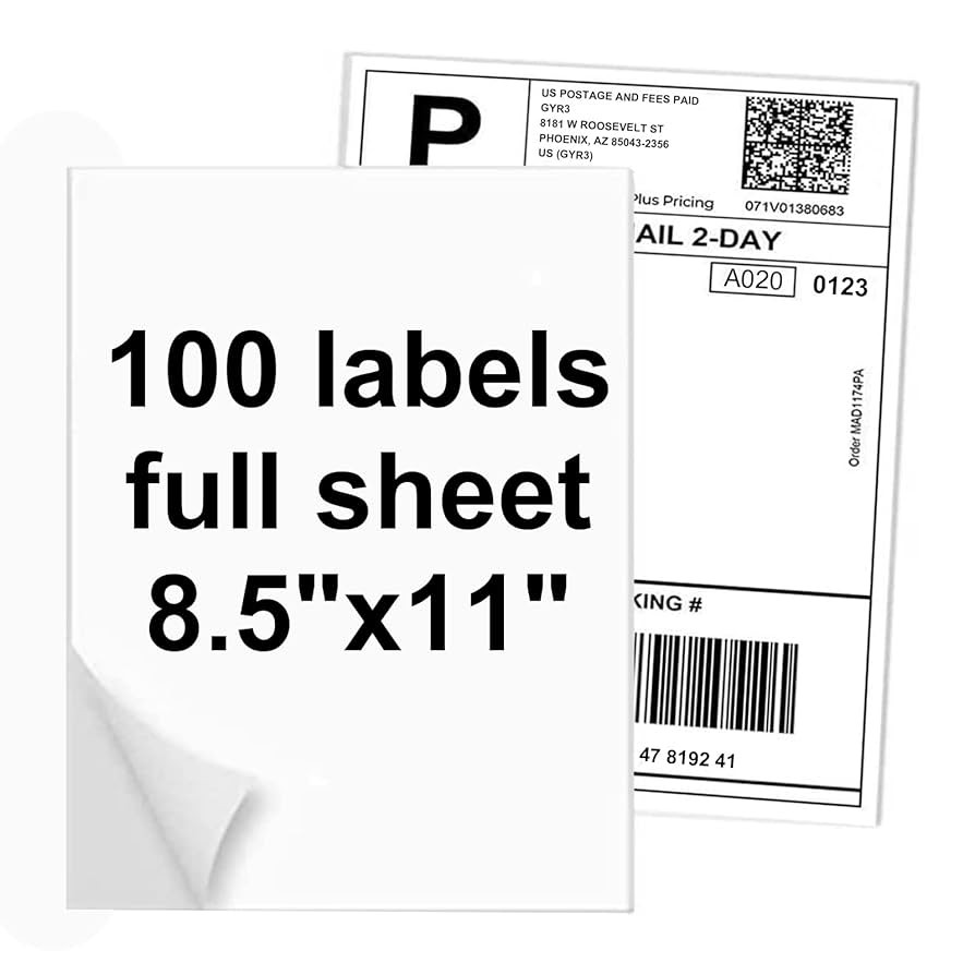 100 Full Sheets Sticker Paper for Laser & Ink Jet Printers, 8.5" x 11" Full Sheet Address Shippin... | Amazon (US)