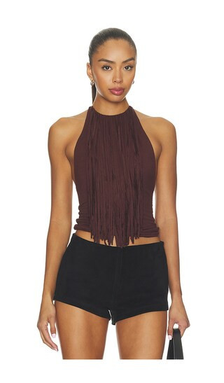 MORE TO COME Leigh Fringe Halter Top in Brown. - size XXS | Revolve Clothing (Global)