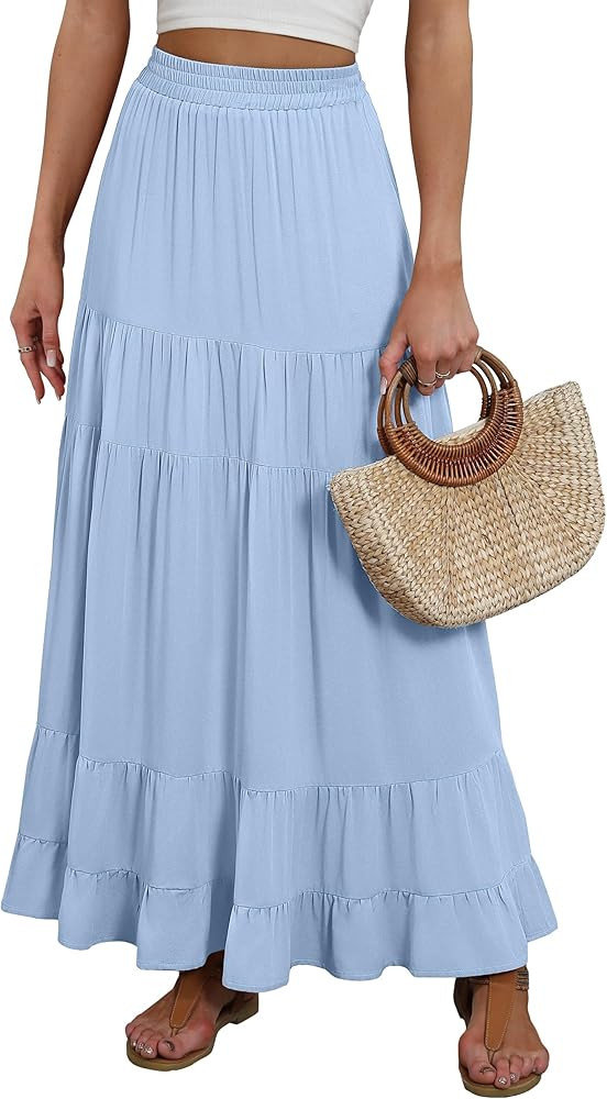 ANRABESS Womens Maxi Skirt Elastic High Waist Swing Tiered A-line Flowy Pleated Boho Beach Vacati... | Amazon (US)
