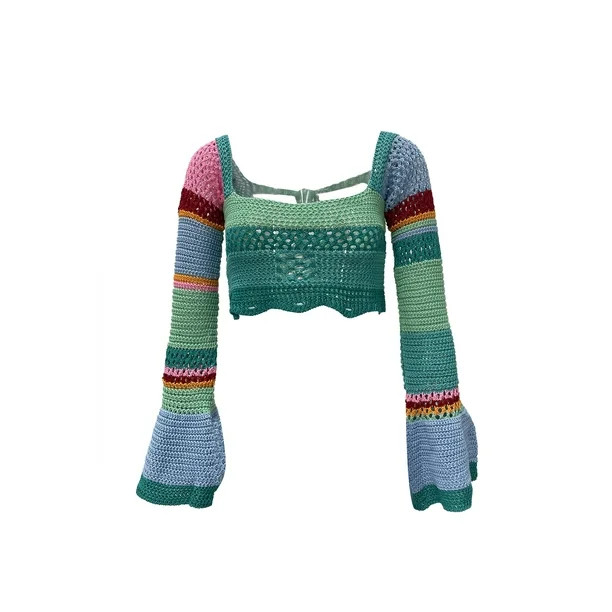 Nokiwiqis Women Y2k Long Sleeve Knit Crop Top Casual Color Block Crochet Cropped Sweater Tops Squ... | Walmart (US)