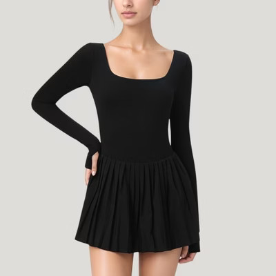 Anna-Kaci Active Women's Pleated Skirt Active Dress with Scoop Neckline - Medium, Black | Target