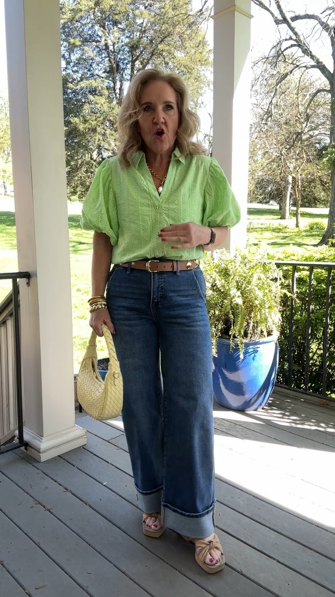 Blouse size medium 
Jeans size 29 there’s some tummy control! 
Belt size med 
Shoes tts 
AVARA 15% off code NANETTE15

Spring blouse cuffed jeans wide leg jeans grommet belt studded belt green eyelet blouse lime green Easter casual 

#LTKWatchNow #LTKFindsUnder100 #LTKOver40