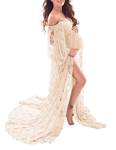 Saslax Sheer Lace Off Shoulder Maternity Maxi Dress for Photoshoot Champagne Large | Amazon (US)