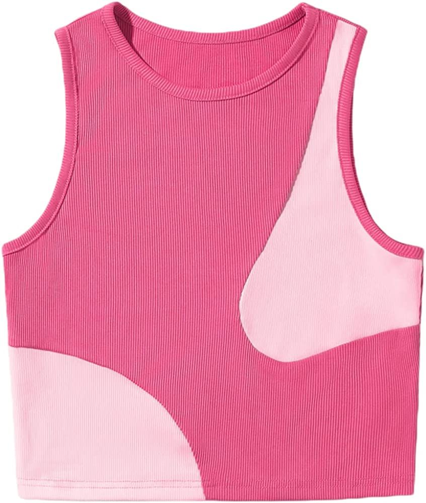 Verdusa Women's Color Block Round Neck Sleeveless Ribbed Crop Tank Top | Amazon (US)