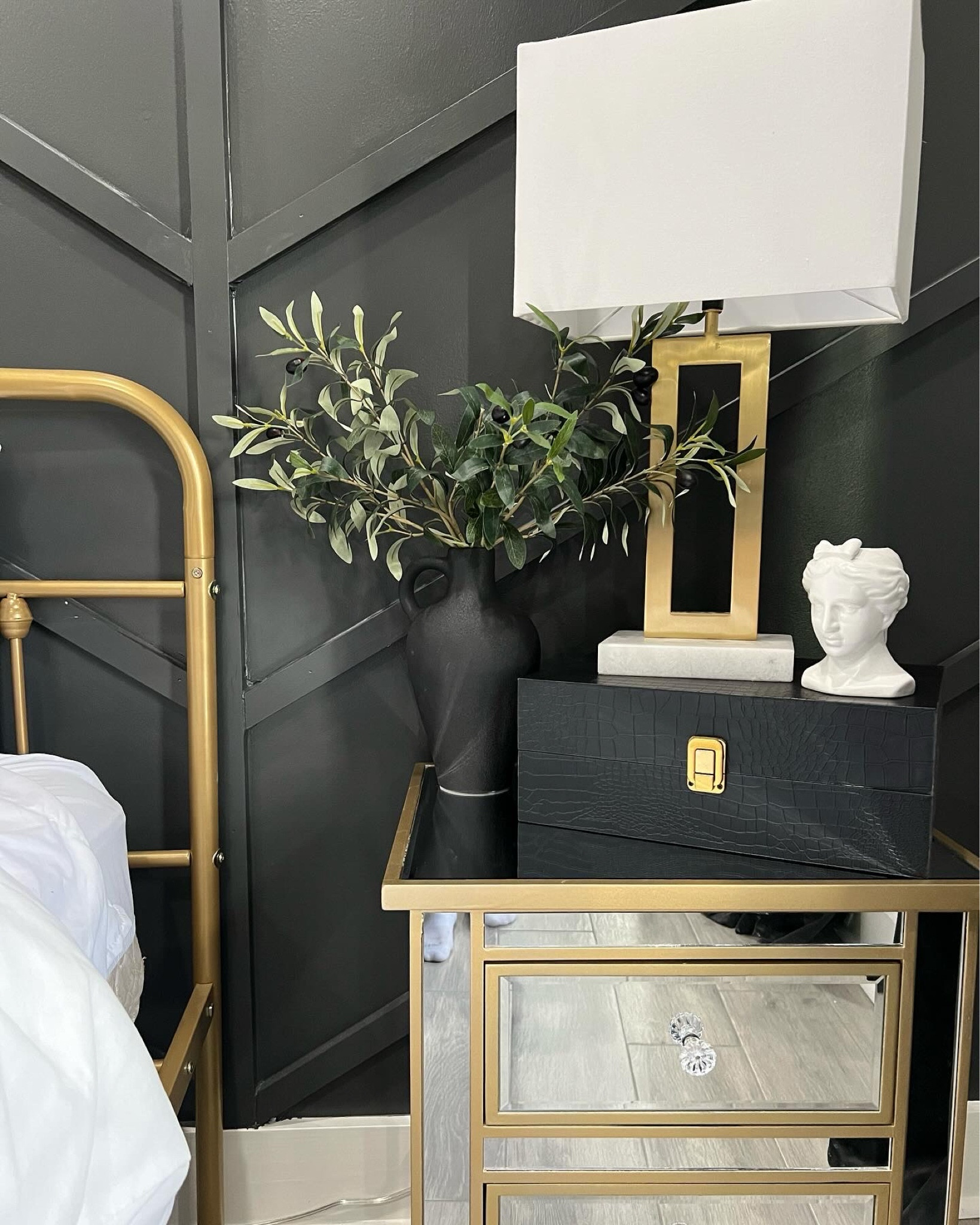 Moody Bedroom & Nightstand Decor

#goldbedframe #farmhousebedframe #goldandmarblelamp #blackboxes #decorativeboxes #blackjar #blackjug #decorativejR #olivestems #mirrornightstand #glassnightstand #nightstand #tabledecor #shelfdecor #modernstyle 

#LTKsalealert #LTKhome #LTKMostLoved