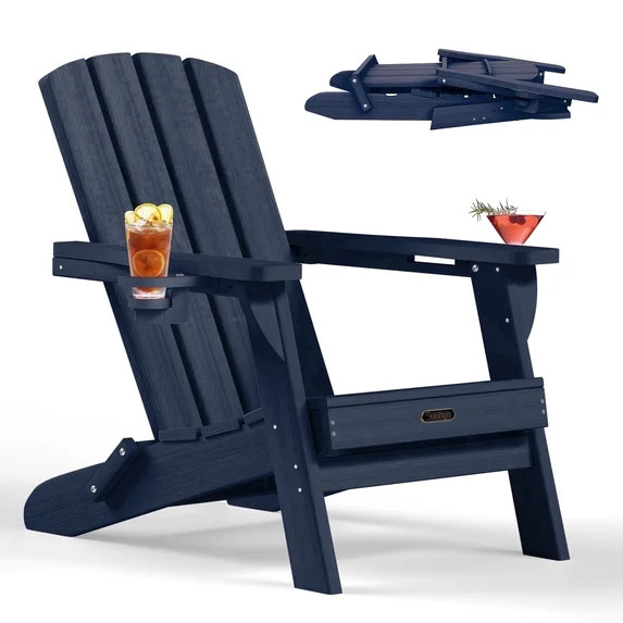 Folding Adirondack Chair, HDPE All-Weather Lawn Chair with 2 Cup Holder, Patio Garden Outdoors Fi... | Walmart (US)