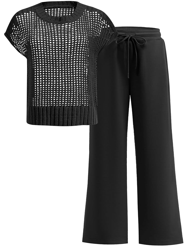 Women Two Piece Outfits Crochet Sheer Knit Sweater Top Wide Leg Pants Lounge Matching Sets Sweats... | Amazon (US)