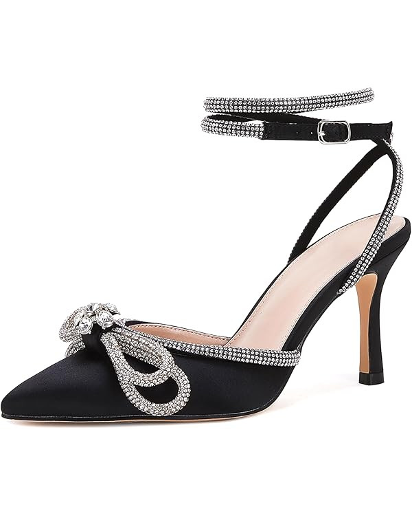 VETASTE Women's Double Bow Pointed Toe Ankle Strap Crystal Pumps Wedding Bridal Party Stilettos B... | Amazon (US)