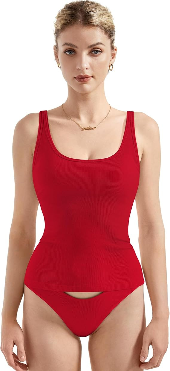 SUUKSESS Women Padded Cotton Ribbed Long Tank Tops 2025 Summer Going Out Basic Scoop Neck Cami To... | Amazon (US)